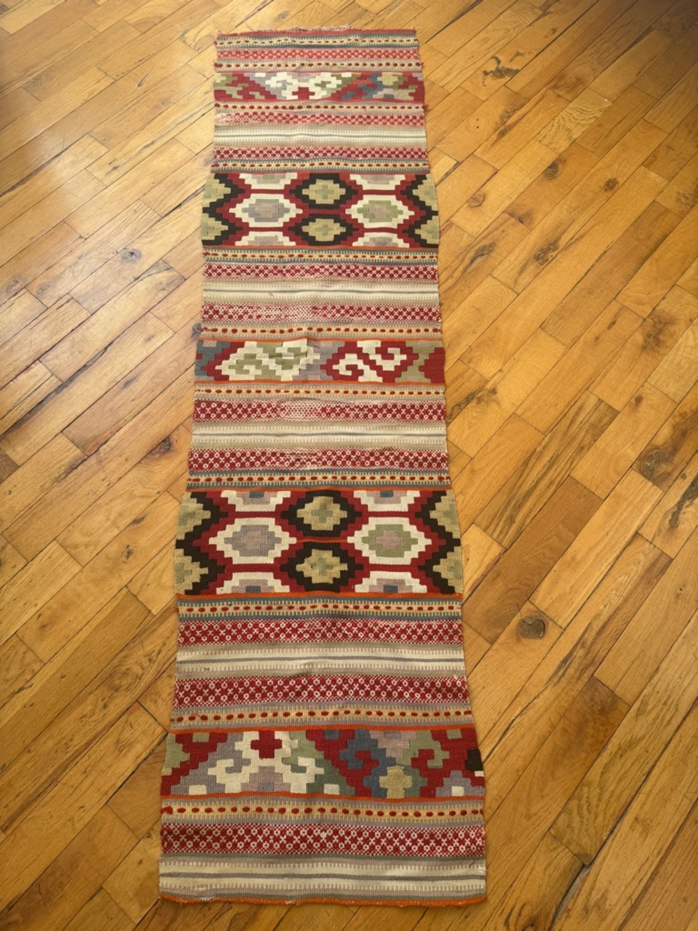 Antique Handwoven Kilim Runner Rug in Red, Green, Cream & Black